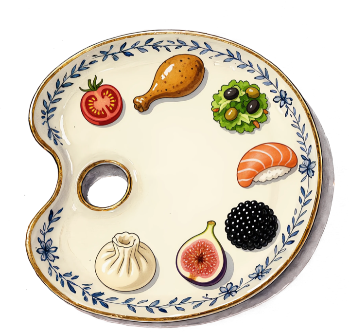 Palate's porcelain painter's palette, set with foods